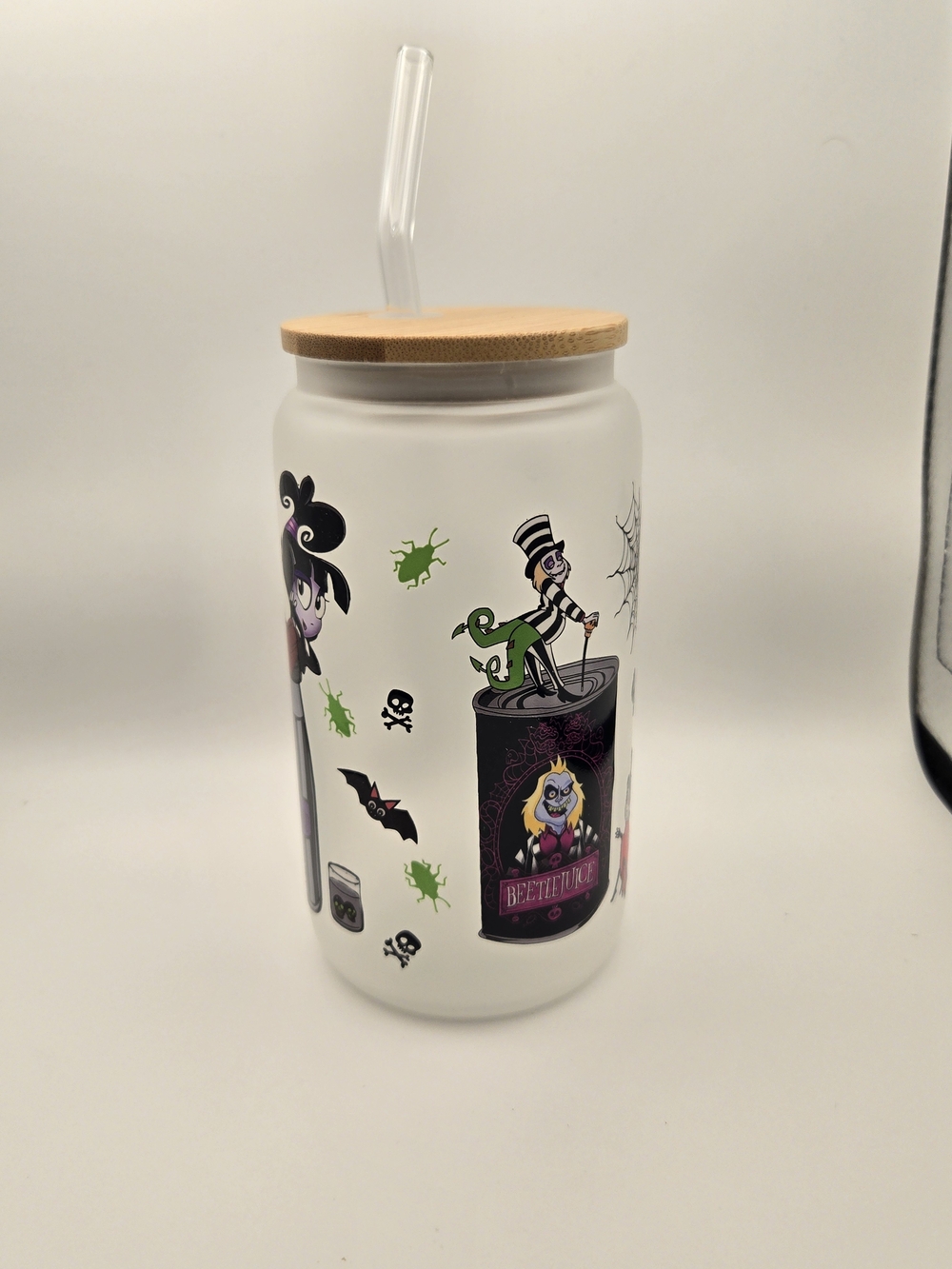 Halloween Beetle Juice-Themed Frosted Jar Tumbler with Straw 16oz - Picture 3 of 5